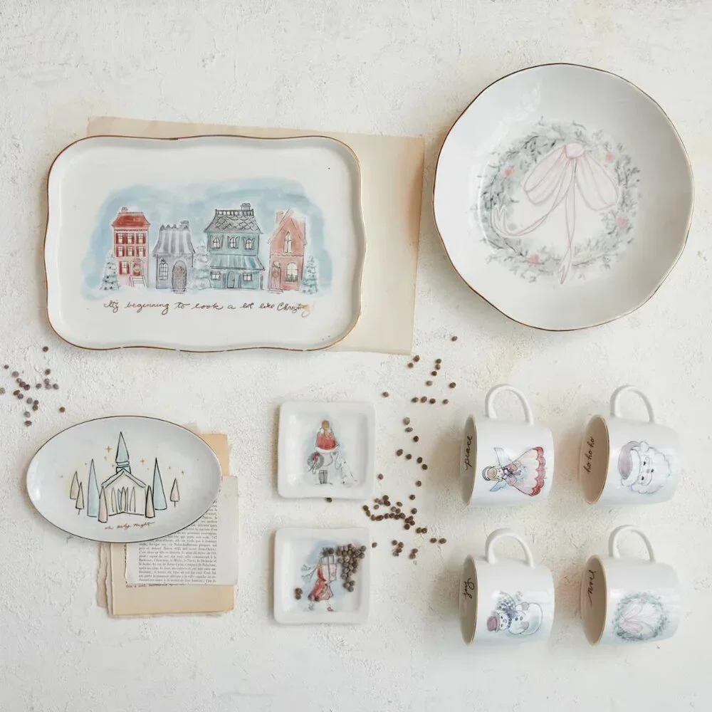 Set of Four Creative Co-op 12oz. Snowman, Angel, Wreath & Santa Mugs/NWT